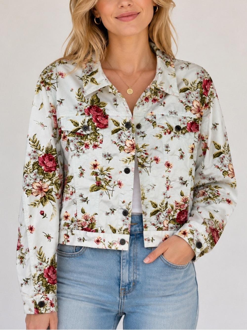 Liz Claiborne Floral Cropped Denim Jacket Size L 100% Cotton Cottagecore